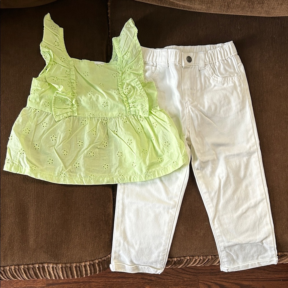 Carter’s Lime Green Eyelet Top and White Pants Set 24 months